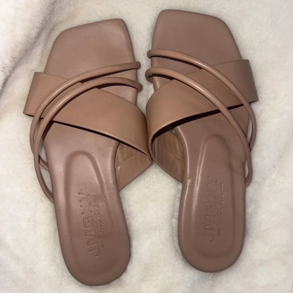 JMGXY Square Toe Basic Minimalist Old Money Classy Strappy Flat Nude Sandals 8